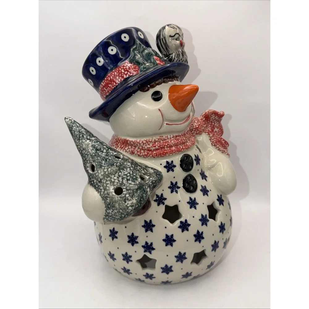 Polish Pottery Snowman Tea Light UNIKAT Winter Snowflake 11.5